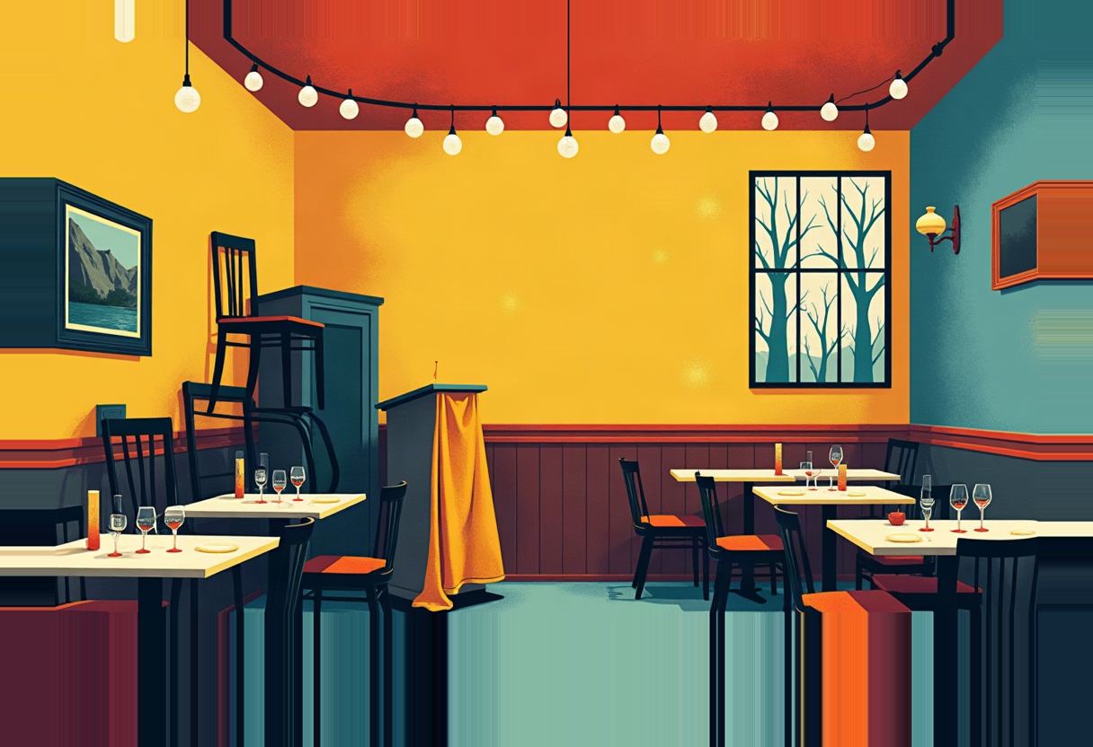 Illustrated restaurant with empty tables and wine glasses set, chairs stacked near a cloth-draped podium under a string-light ceiling, yellow and teal walls.