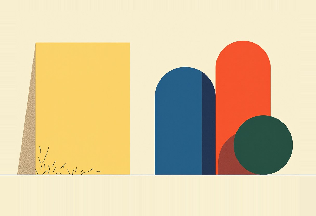 A tilted yellow rectangular slab leans against scribbled lines on a cream background, beside a tall dark-blue arch, a taller orange arch, and a dark-green circle overlapping a maroon half-circle.