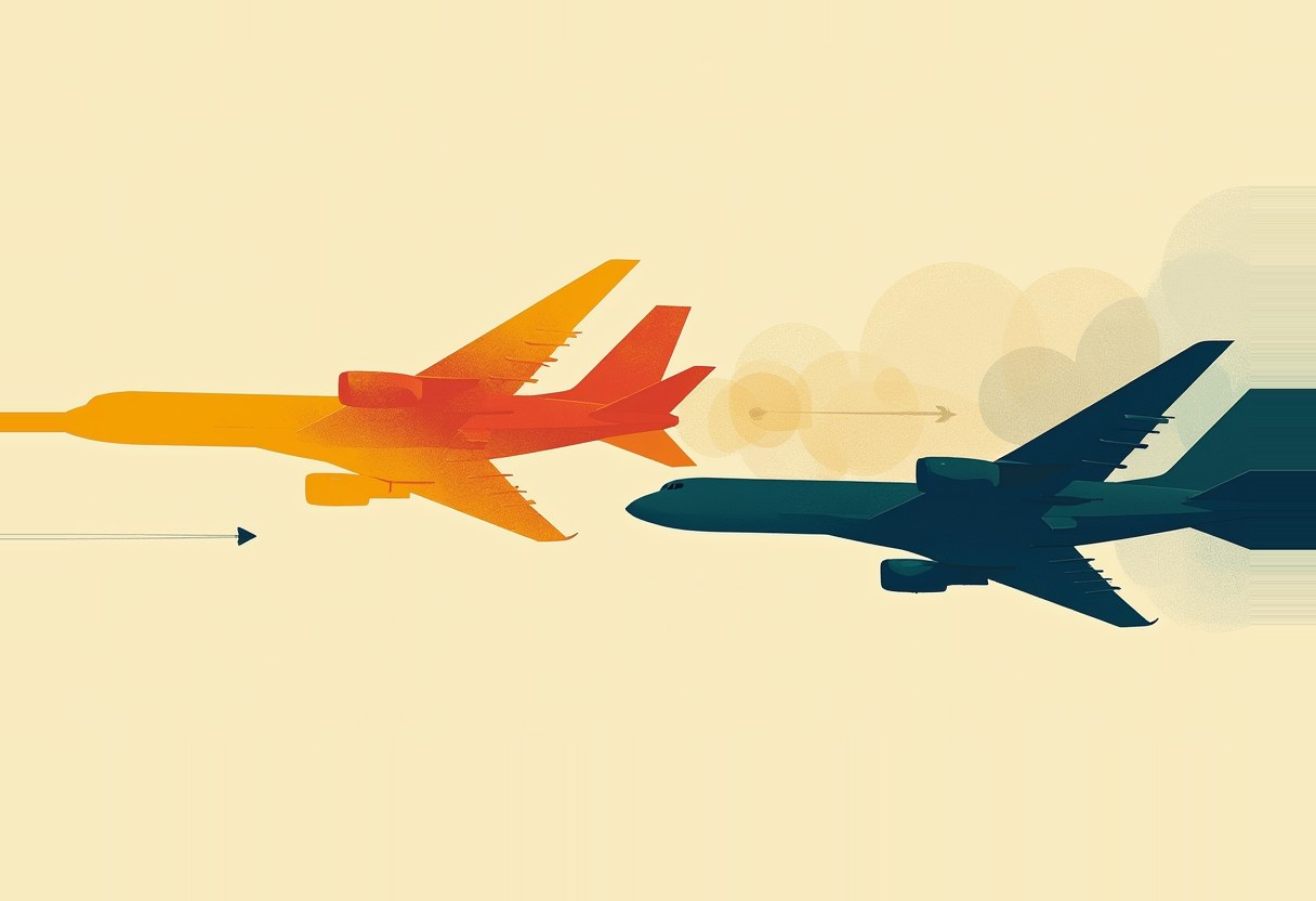 Two illustrated jets, one orange-red and one dark teal, fly toward each other nose-to-nose with small arrows and faint circular clouds between them on a pale yellow background.