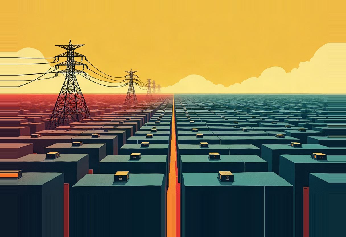 Rows of dark rectangular boxes with small lit windows stretch to the horizon under a yellow sky, with electrical transmission towers at left and a glowing orange seam splitting the grid down the center.