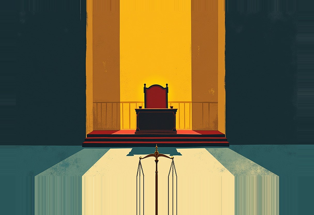 An empty red-backed courtroom chair on a raised red-carpeted dais between gold pillars, with a scale of justice's shadow cast on the floor below.