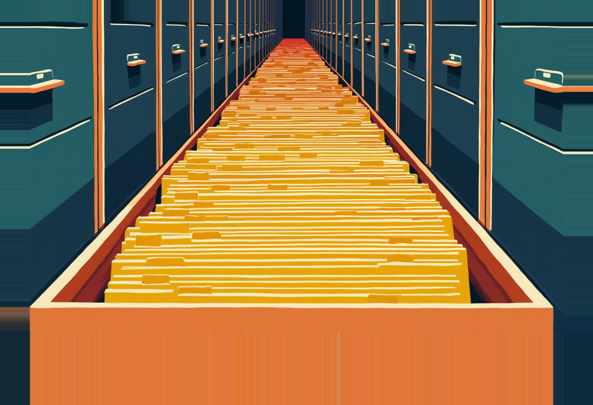 An open filing cabinet drawer stretches into the distance, packed with yellow hanging folders, flanked by rows of teal filing cabinets with orange label tabs.
