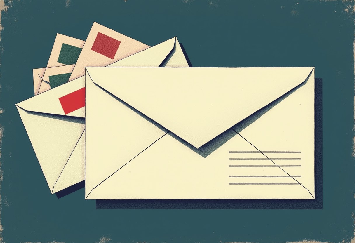 Risograph editorial illustration: a fanned stack of plain off-white envelopes on a deep navy ground. The front envelope carries a few short grey ruled lines low on the right where an address would sit; the upper-left corner, where a sender would identify itself, is bare. No text anywhere.
