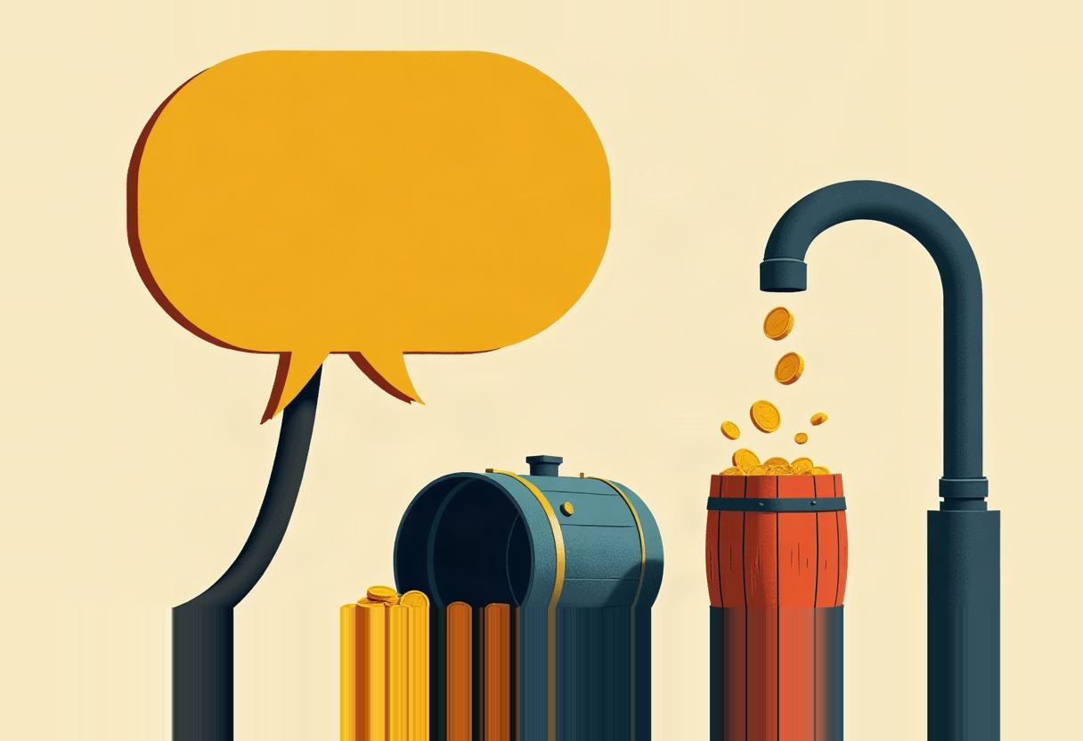 Flat risograph illustration: a faucet pours gold coins into a large blank speech bubble beside a barrel heaped with coins