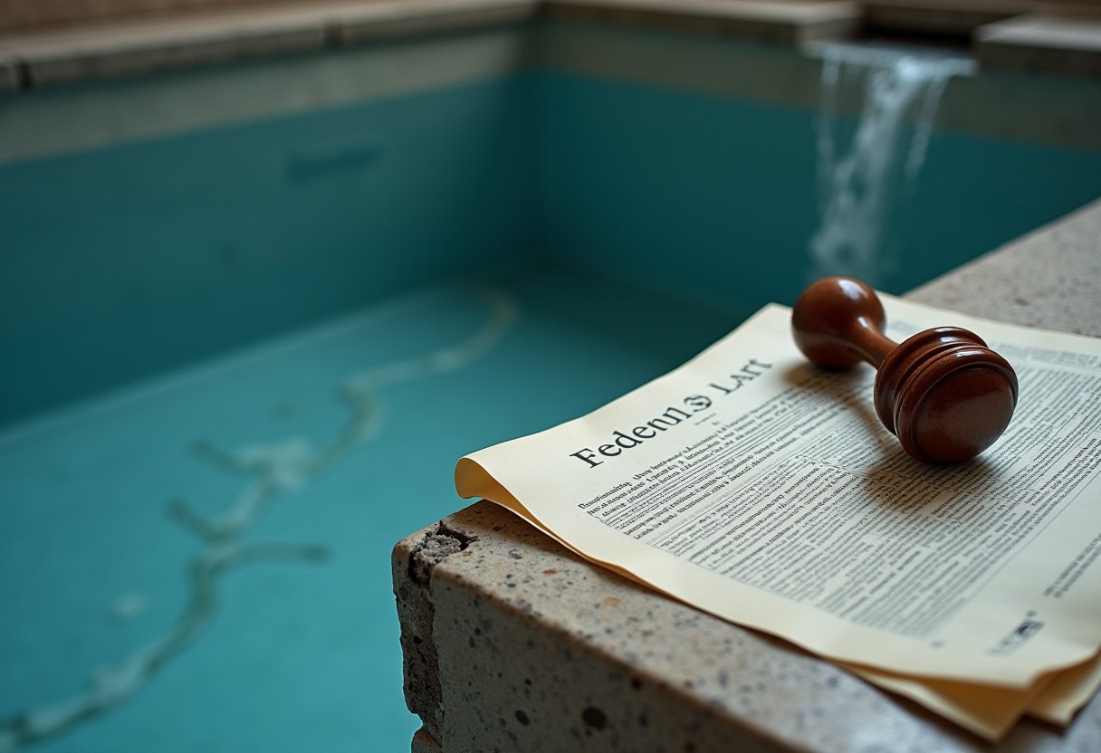 A cracked stone pool lining with water draining out, a folded federal court filing on the edge, a rubber stamp hovering, risograph