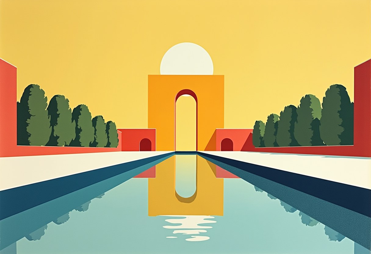 A tall orange archway topped with a white dome sits between rows of dark green trees, reflected in a long blue pool under a yellow sky.