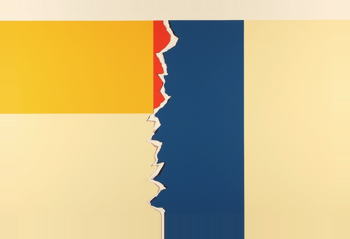 Flat cut-paper editorial illustration in the house palette: two solid paper-colour fields — golden yellow over vermilion red on the left, cobalt blue on the right — pulling apart along a jagged torn-paper seam on a warm off-white ground.