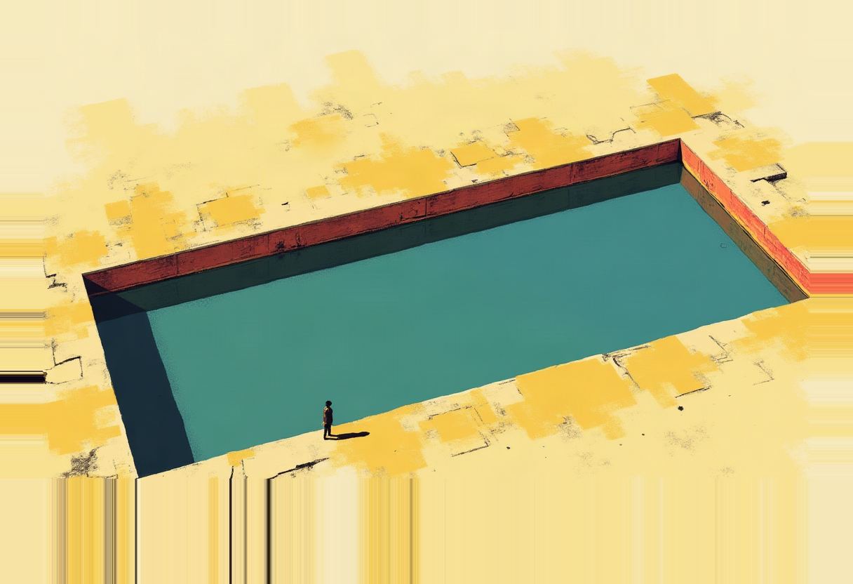 A small silhouetted figure stands beside a large rectangular teal reflecting pool with a dark red rim, on a pale yellow paved plaza.