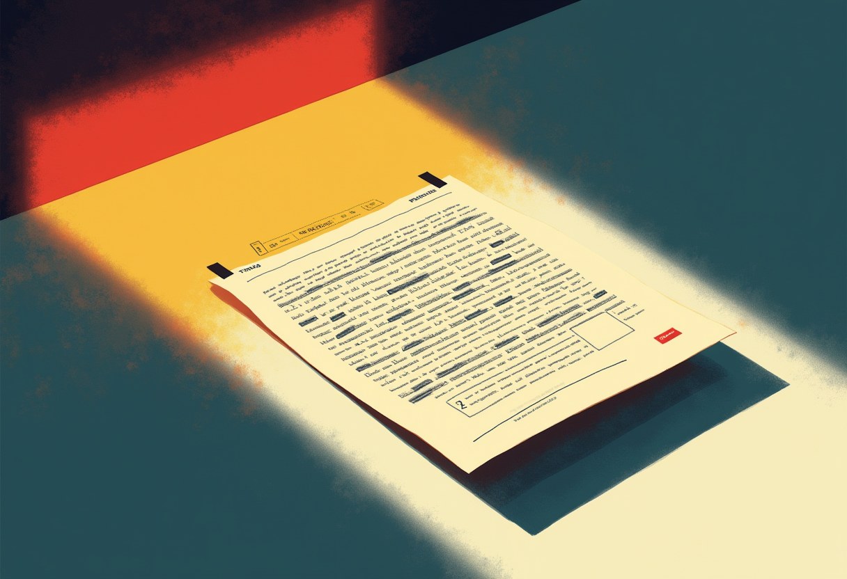 A single declassified document sheet edged with heavy black redaction bars on a bare desk under a hard shaft of light, throwing a long directional shadow to one side; two-color riso, no readable text.