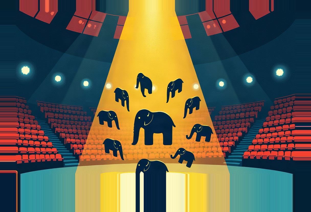 One large and nine small dark elephant silhouettes float in a yellow spotlight beam over an empty red-seated arena, with a light podium below.