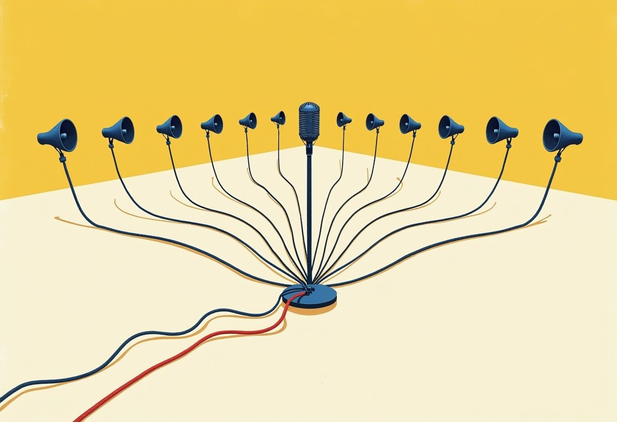 A single microphone on a stand fans out cables to a dozen small megaphones on either side, with a red and dark blue cable running off toward the viewer, against a yellow and cream background.