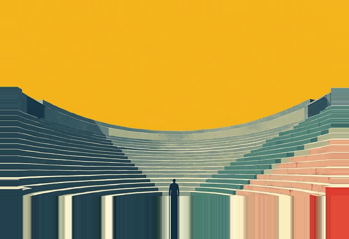 A single silhouetted figure stands at the base of a curved stadium staircase, its steps shaded dark blue-green on the left and pink-red on the right, under a flat mustard-yellow sky.