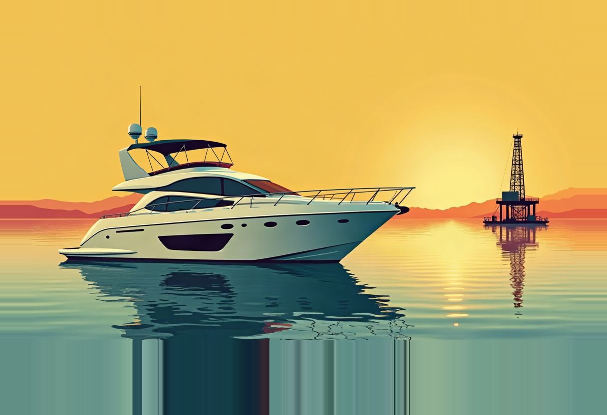A white motor yacht and a distant offshore oil derrick float on calm water under a yellow-orange sunset sky.