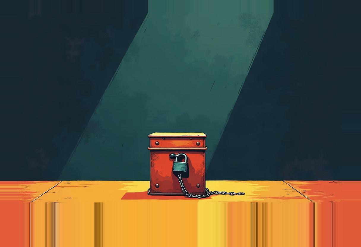 A red metal box with a padlock and dangling chain sits on an orange floor against a dark green angled backdrop.