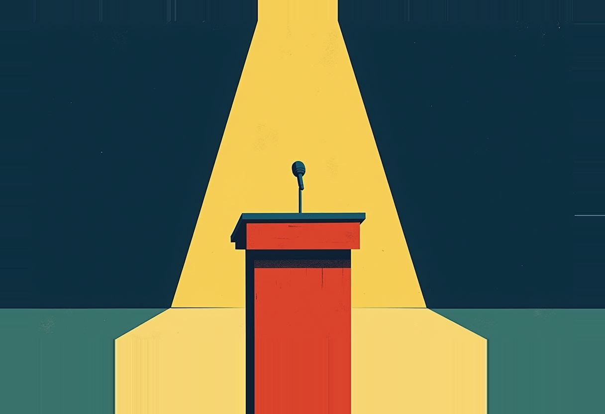 Flat risograph illustration of a lectern and microphone silhouette under a hard-edged triangular spotlight