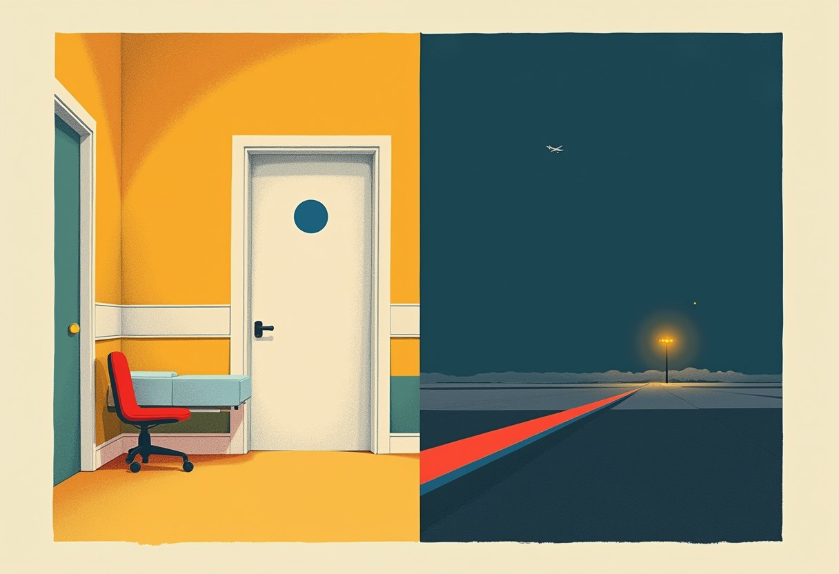 Split image: an orange-walled corridor with a red chair beside a white door on the left, a dark runway with a red-lit stripe and distant plane on the right.
