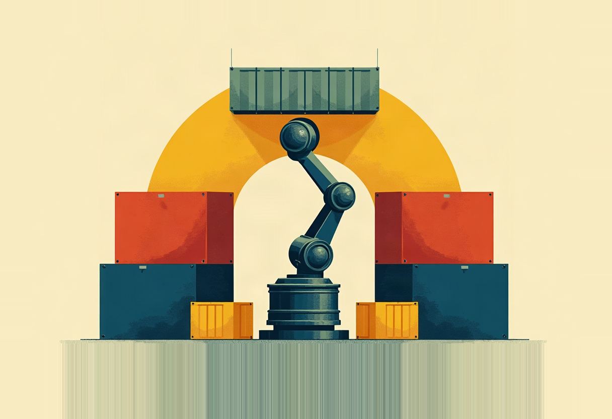 A dark grey robotic arm balances a shipping container overhead against a yellow arc, flanked by stacks of red, navy, and orange shipping containers.