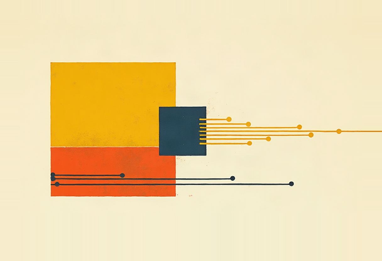 A large yellow square over an orange rectangle sits beside a smaller dark blue square, from which thin yellow and dark lines with dot endpoints extend rightward on a cream background.