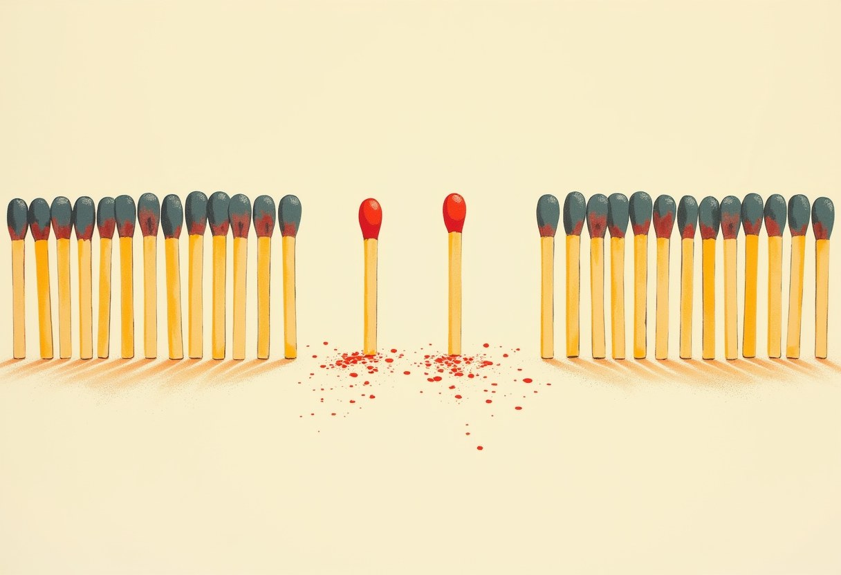 Editorial illustration of two lit red matches standing apart from two flanking rows of burnt-out matches