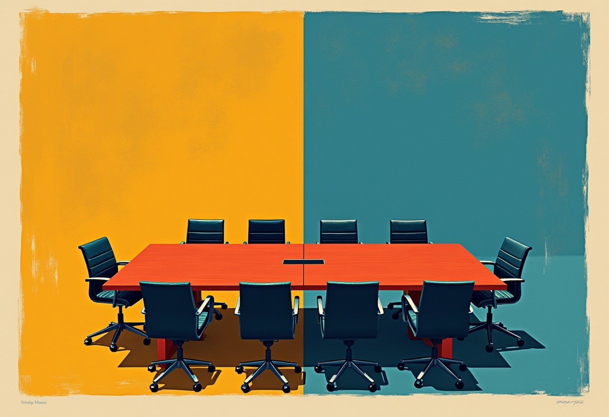 A polished conference table seen from above, divided exactly down the center by warm amber light on one side and cool blue light on the other