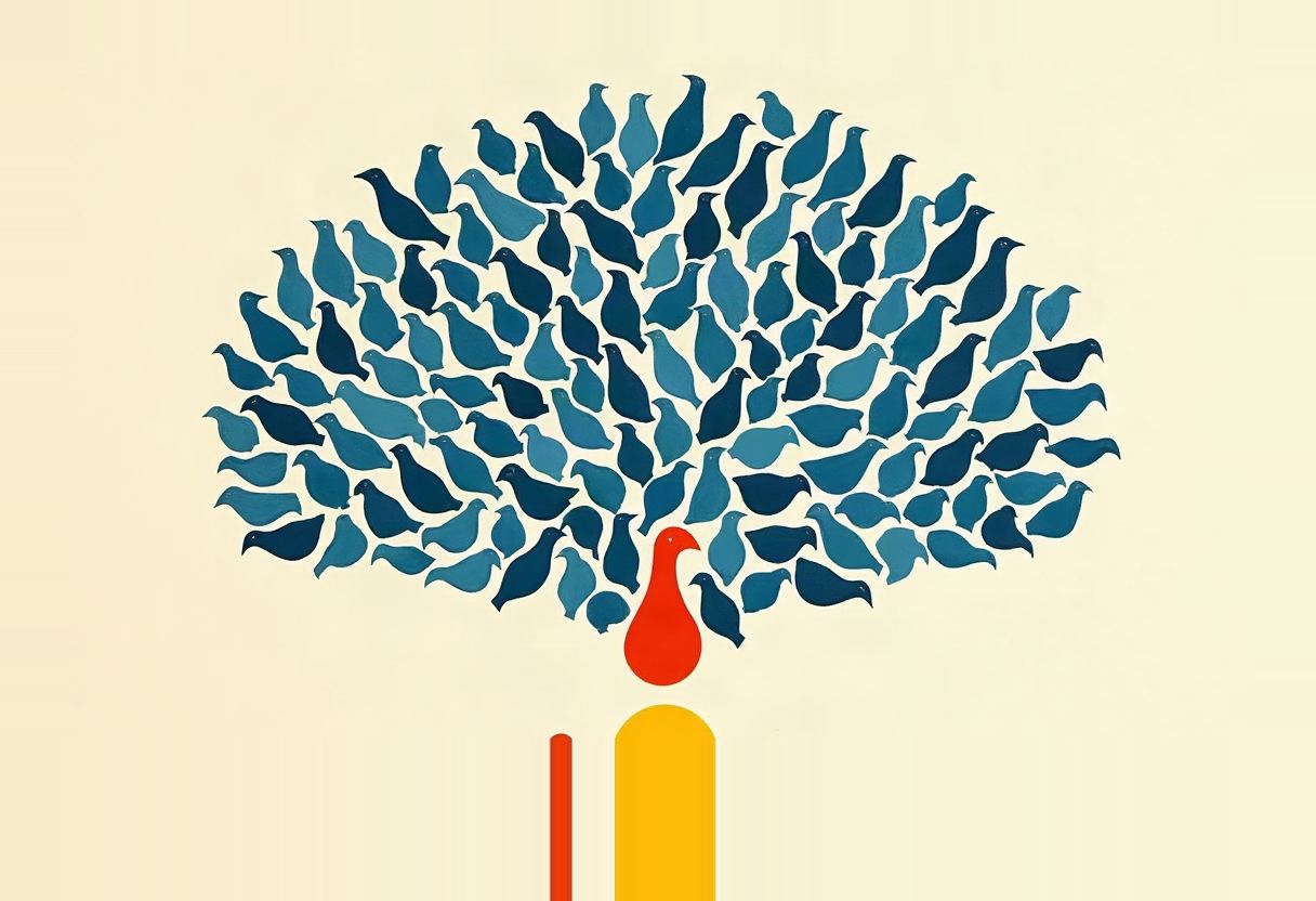 Dozens of dark blue birds cluster into a fan shape atop a single red bird's body, standing on red and yellow bars, against a cream background.