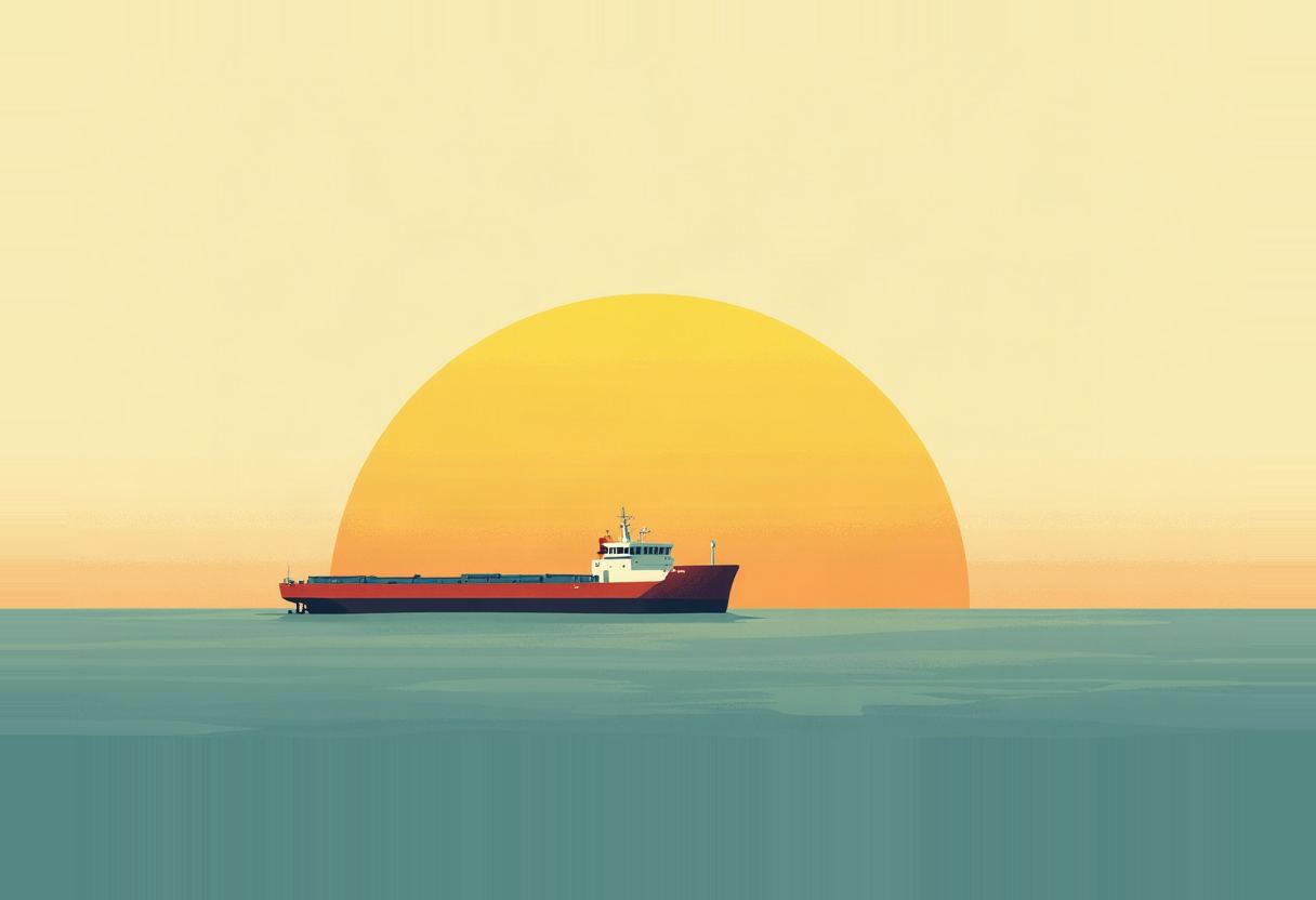 A red and white cargo ship sails across a teal sea in front of a large half-visible orange sun on a pale yellow sky.