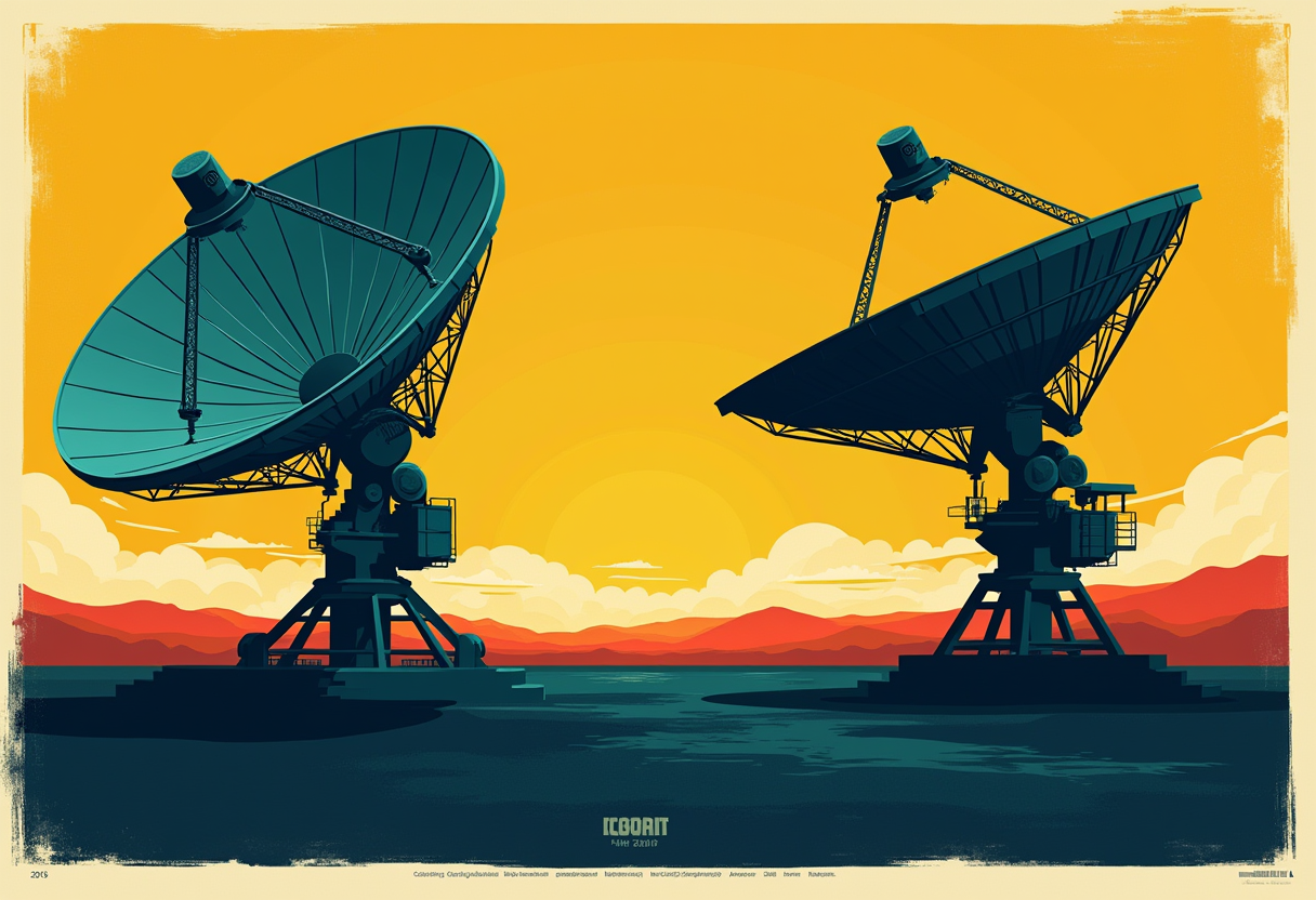 Two satellite dishes on a dark plain, pointing in opposite directions, cinematic wide shot