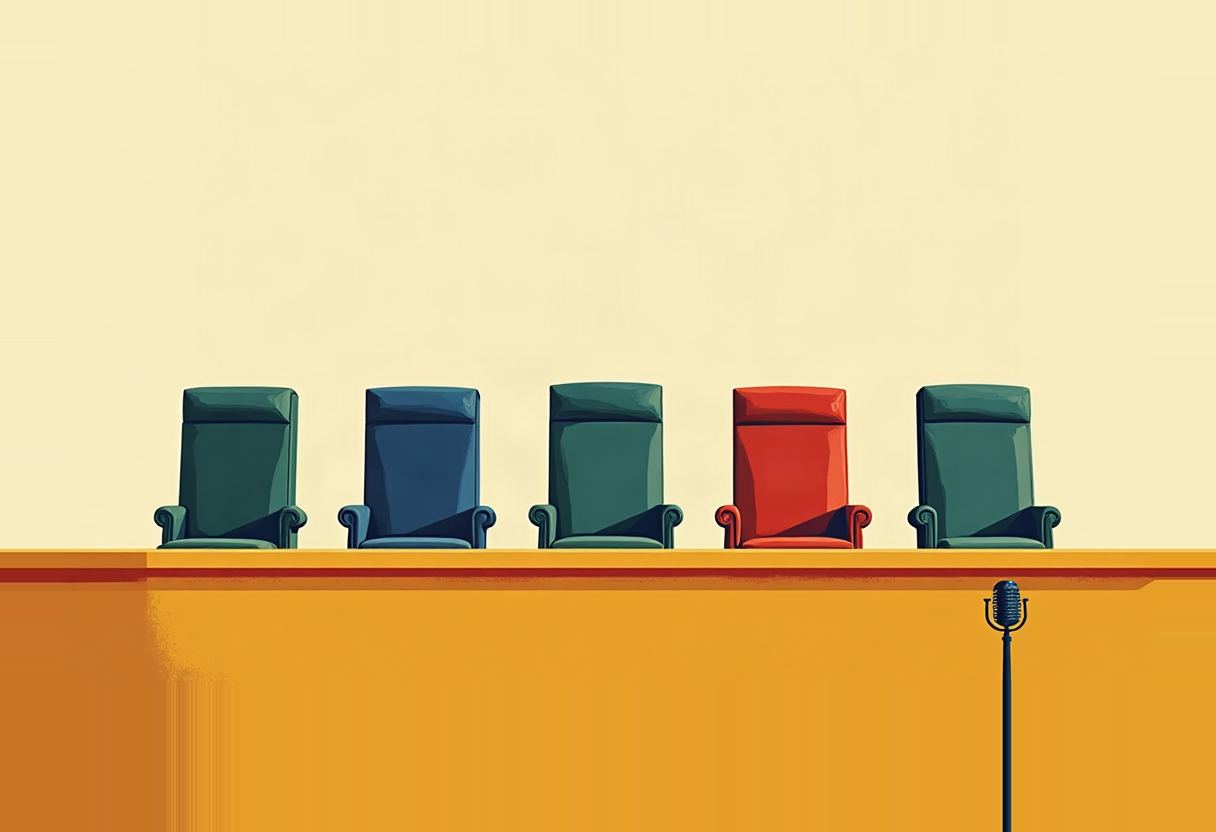 Five empty high-back executive chairs behind an orange desk, four dark green and one red, with a microphone on a stand beside them, against a pale yellow background.