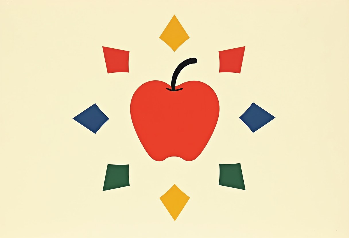 A red apple with a black stem, ringed by eight diamond shapes in yellow, red, blue, and green, on a pale cream background.