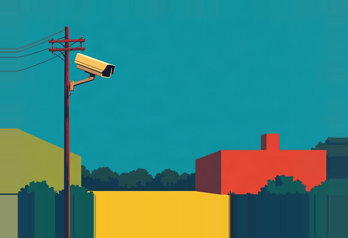 A yellow surveillance camera mounts on a utility pole with power lines, overlooking a flat-colored suburban scene of olive and yellow buildings, a red house, and dark green treeline against a teal sky.