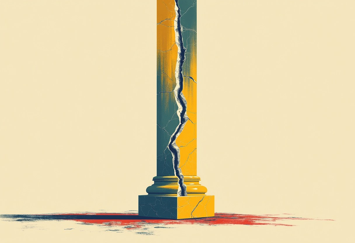 A single marble column cracked vertically down the middle, one half shifted from the other, representing a party divided against itself