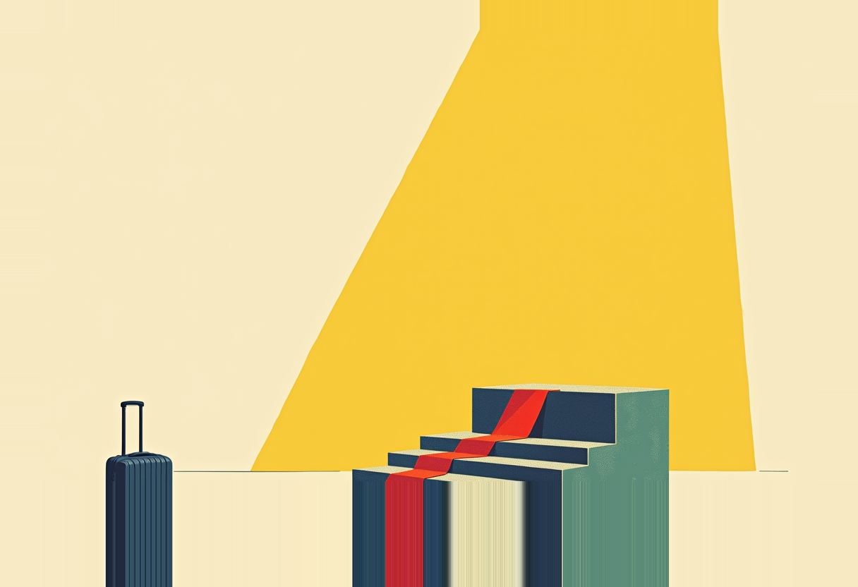 Flat risograph illustration: an empty wooden podium under a golden-yellow spotlight cone, a vermilion price ribbon rising toward it then collapsing off the lower right edge, and a small cobalt-blue rolling suitcase parked at the base of the podium steps.