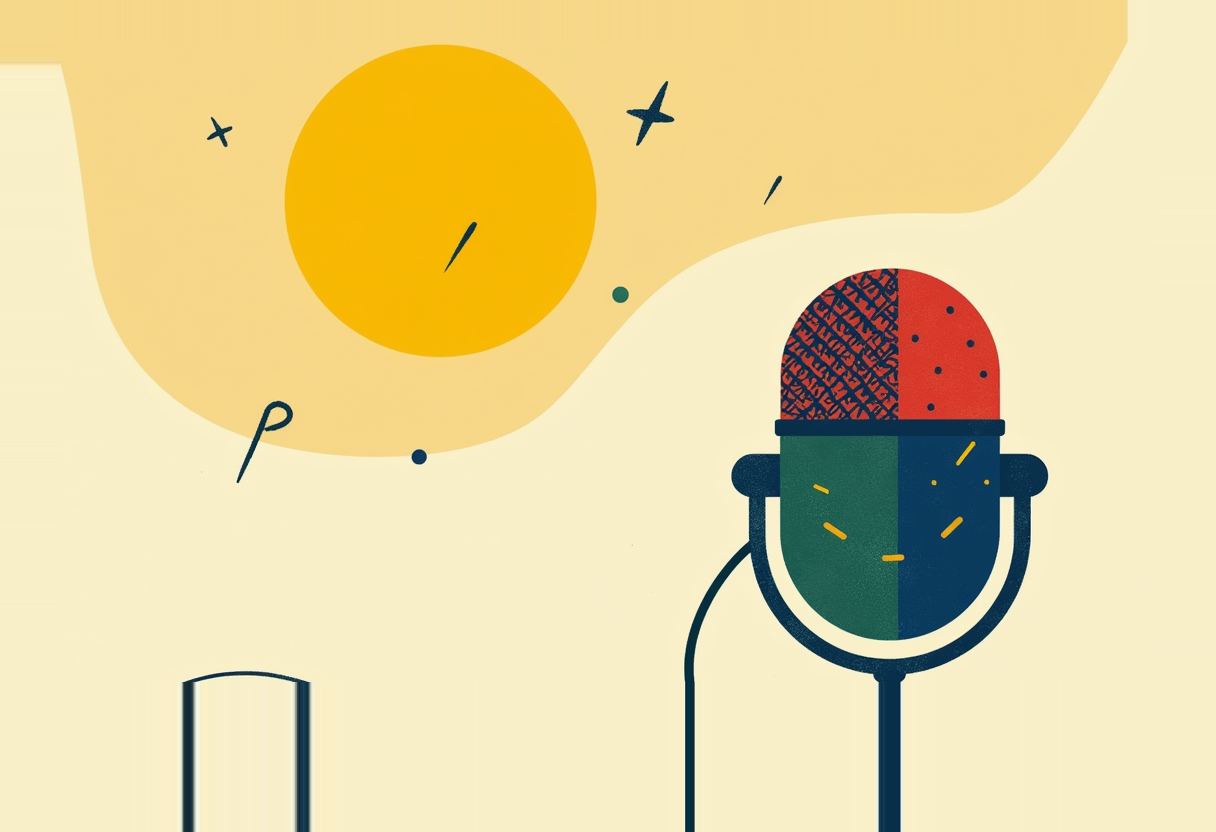 A retro microphone divided into four colored quadrants (red, dark blue, green, navy) stands before a yellow sun shape and scattered stars on a cream background.