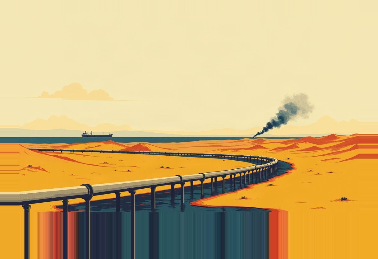 An elevated pipeline on stilts curves across an orange desert toward a coastline, where an oil tanker sits on the water and a plume of dark smoke rises from the dunes.