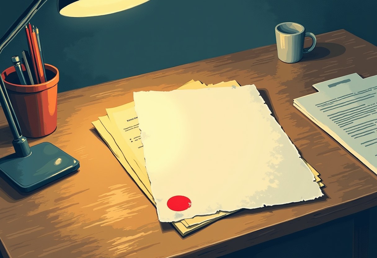 A single blank sheet of paper, marked only by a plain red ink blot, sits stacked on older documents on a lamplit desk.