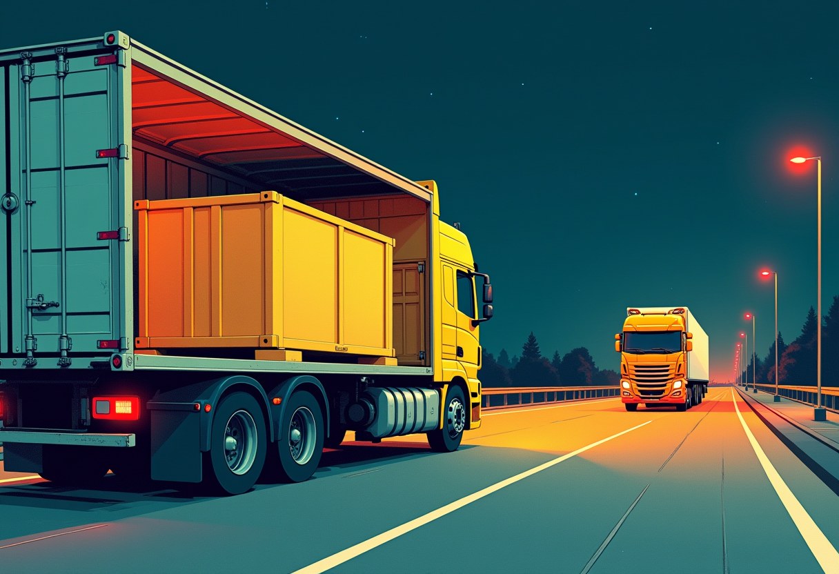 Two identical cargo trucks at night, one loaded and departing, one just arriving to be loaded