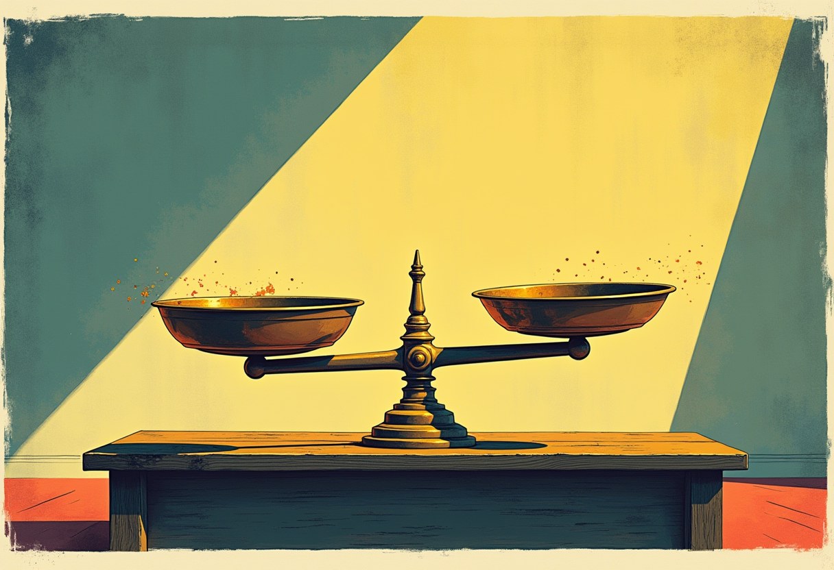 A weathered brass two-pan balance scale, off-kilter, on a bare wooden desk under a single shaft of light
