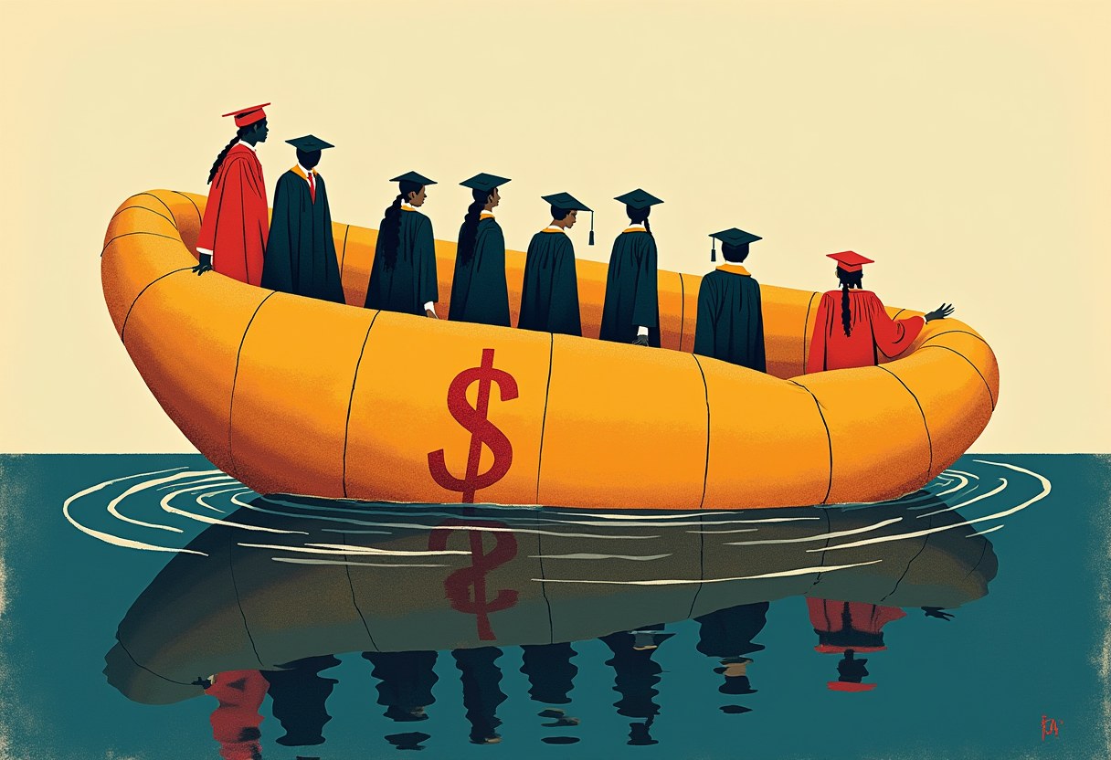Editorial illustration of a deflating dollar-stamped life raft shrinking to hold only two of a crowd of graduates, a countdown clock reflected in the water