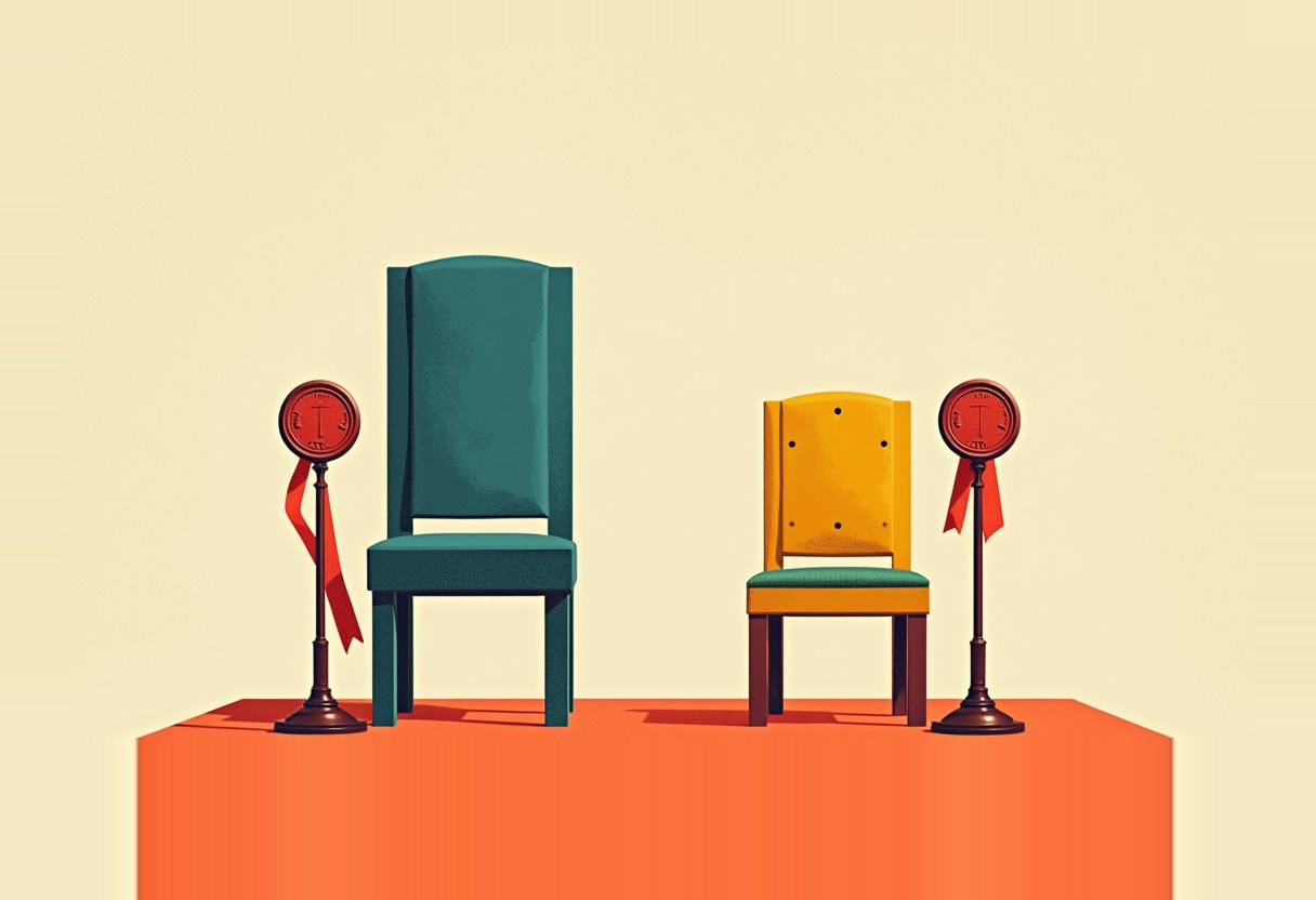 One tall teal chair and one shorter yellow chair sit on an orange platform, flanked by two red boxing-style bell timers with red ribbons, against a cream background.