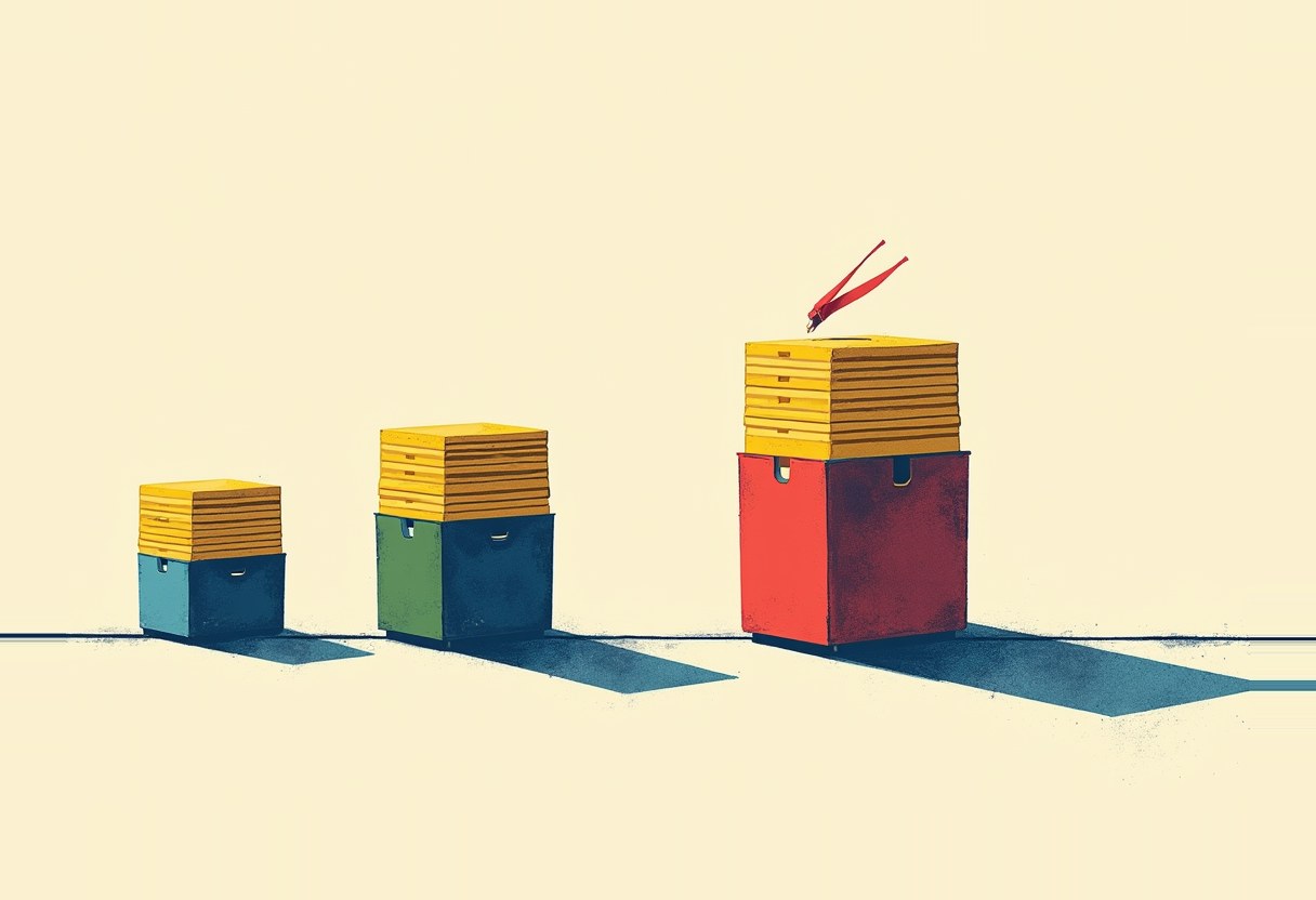 Three ballot boxes in ascending size (teal, green, red) with stacked yellow slots atop each; a pair of red legs dangles into the tallest box's slot.