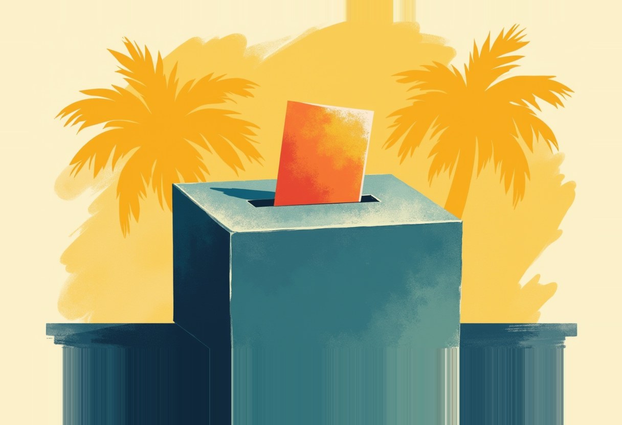 An orange envelope sticks out of a slot in a teal ballot box, set against a yellow background with two orange palm tree silhouettes.