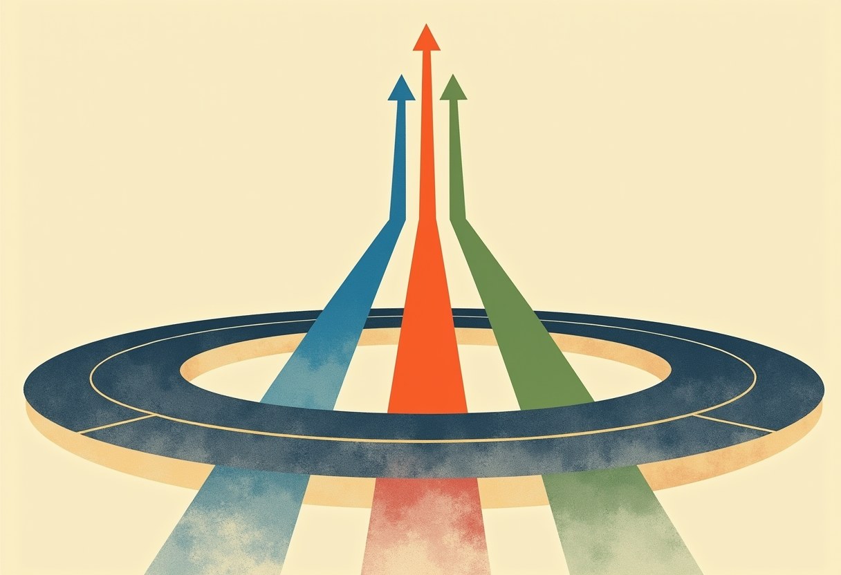Three arrows—blue, orange, and green—rise through a dark ring-shaped platform against a pale yellow background.