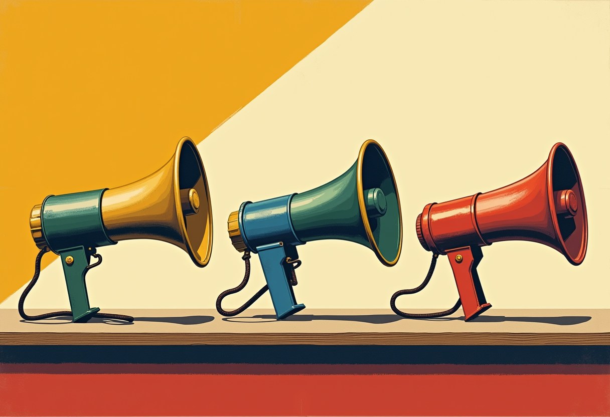 Three megaphones in different colors, aimed the same direction, each with its own shadow