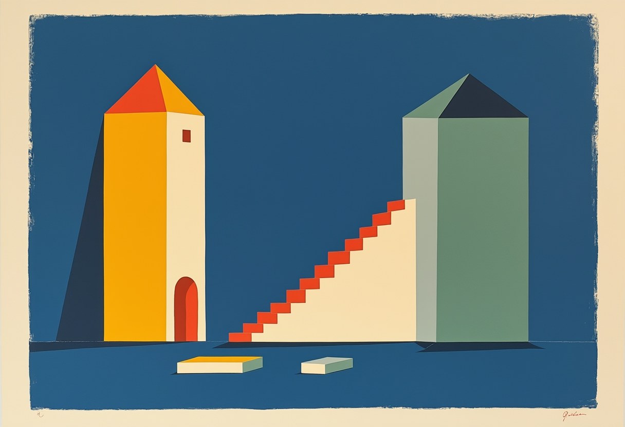 Flat cut-paper collage on a deep cobalt-blue ground: a flat building form split into two vertical halves standing apart with a clean gap — the left half warm gold, the right half pale grey, each topped with a flat triangular roof of the same color; a flat vermilion-red four-step staircase rising from the base of the building to a small flat off-white square platform level with the top of the building on the right; two small flat rectangles lying on the ground in front of the building, one parrot green and one off-white, side by side with a gap, the green one slightly taller