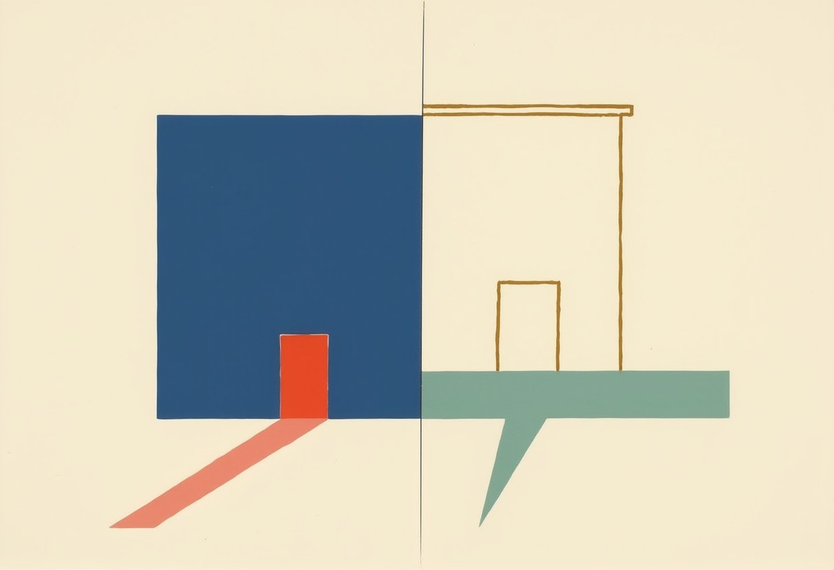 Abstract graphic: a solid navy square with a red doorway on cream, split by a thin black vertical line from a mustard-outlined building shape with a green speech-bubble-like shape below.