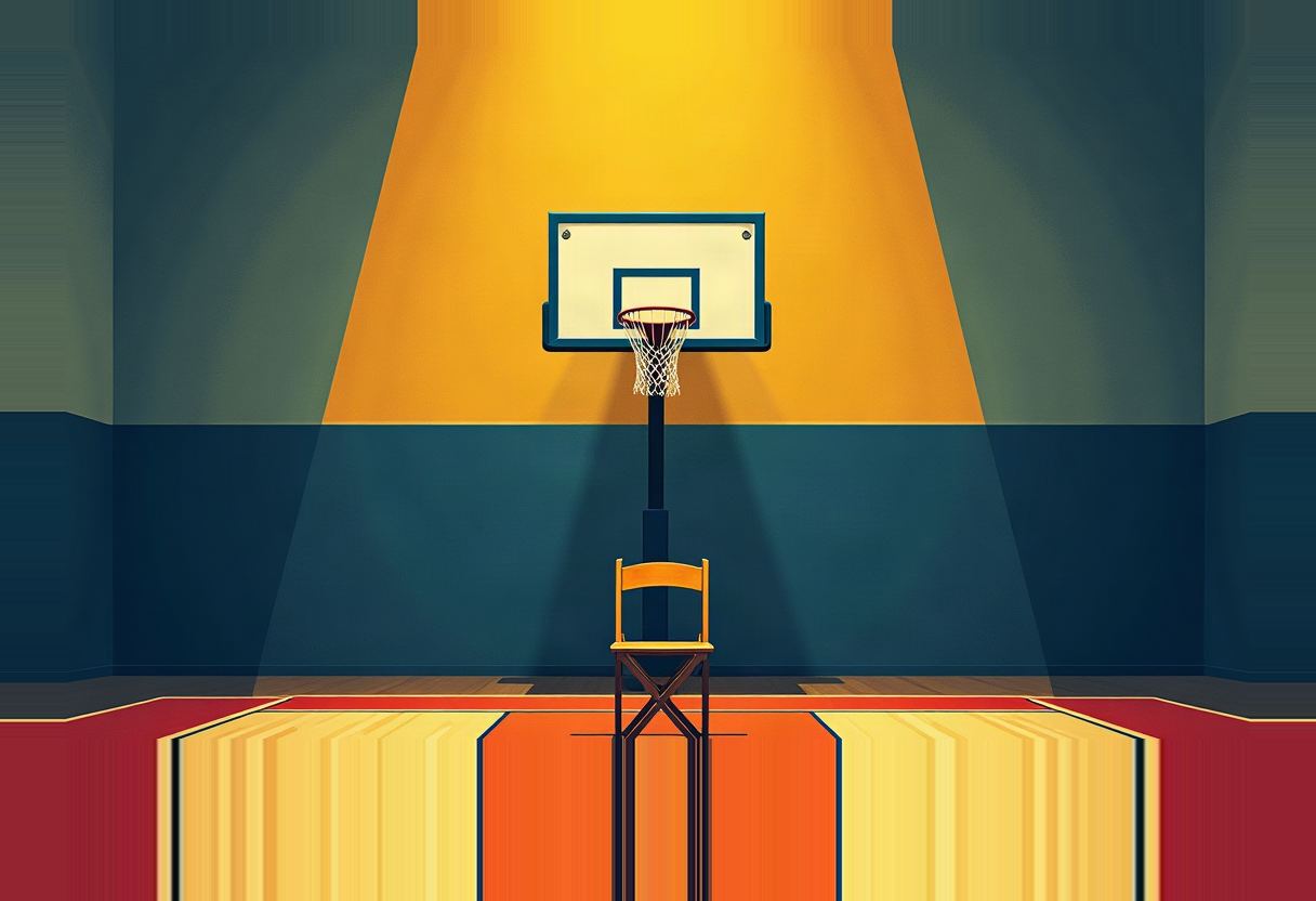 An empty wooden folding chair sits centered beneath a basketball hoop and backboard on an indoor court, lit by a yellow spotlight against dark teal walls and a red-and-orange floor.