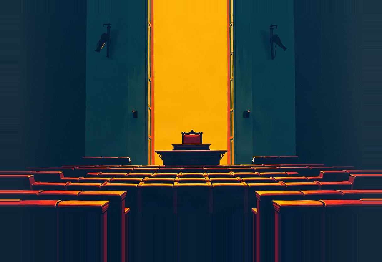 Empty rows of red seats face a raised desk and chair silhouetted against a bright yellow-lit open double doorway, flanked by dark teal walls with wall sconces.