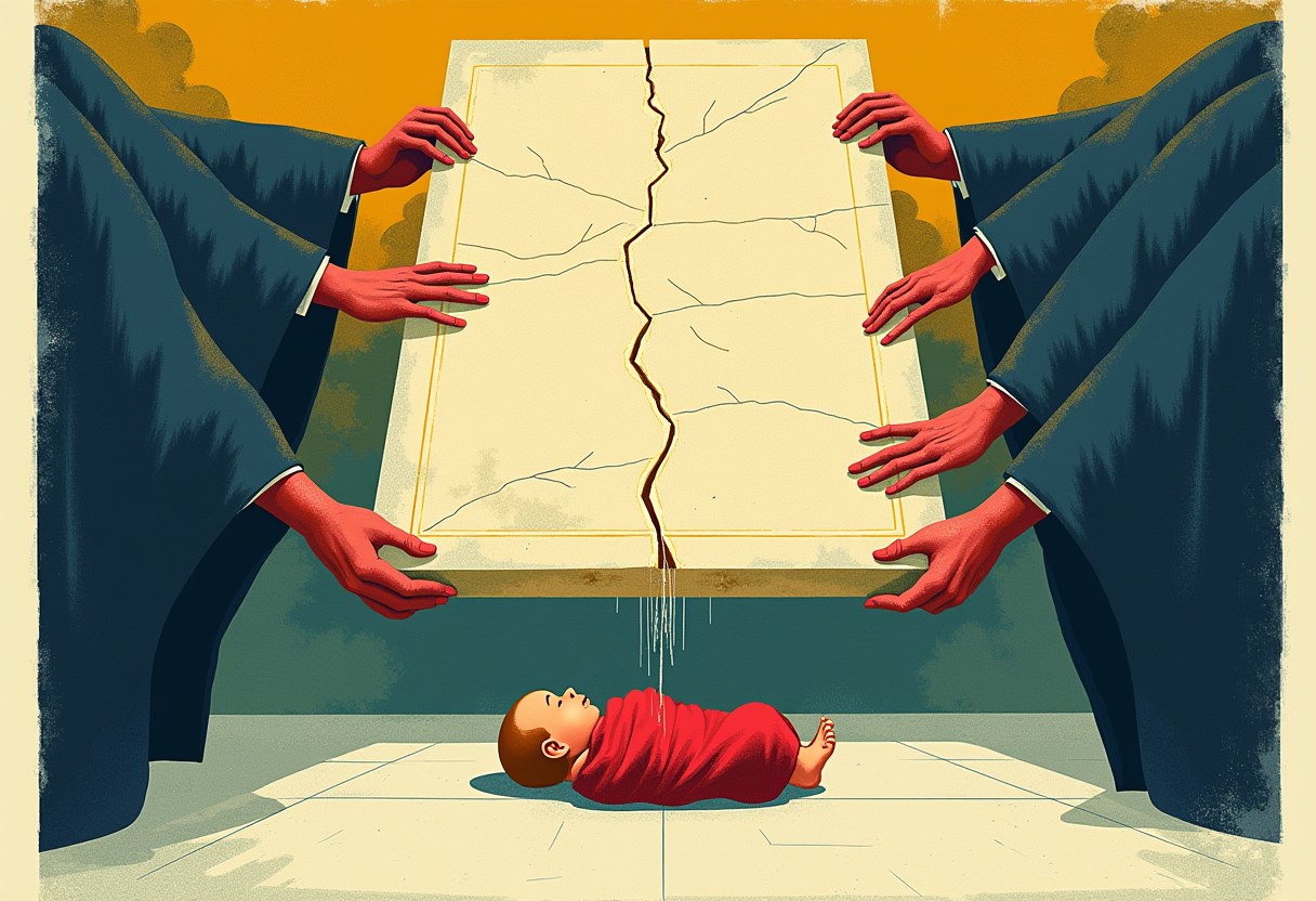 Editorial illustration of two sets of robed arms each shoving the same cracked old tablet toward the other over a sleeping newborn in a beam of light