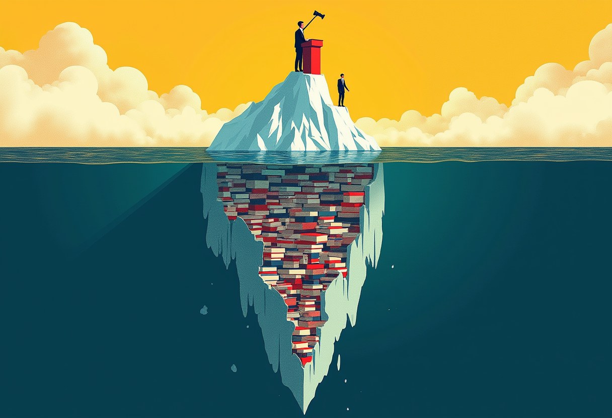 Editorial illustration of an iceberg whose small tip is a gavel and podium and whose huge underwater mass is open books feeding a glowing server stack