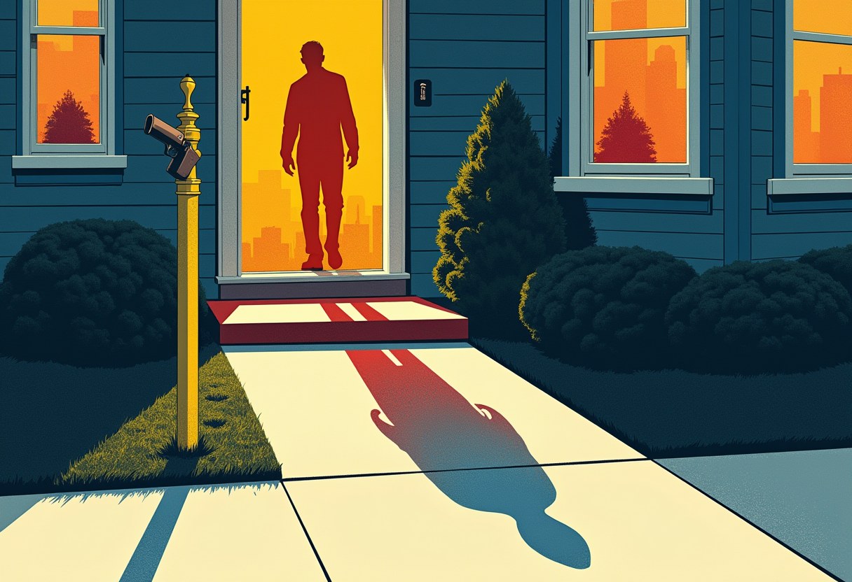 Editorial illustration of an armed shadow waiting at a threshold whose welcome mat is split into a barred half and an open half beneath a blank swinging sign